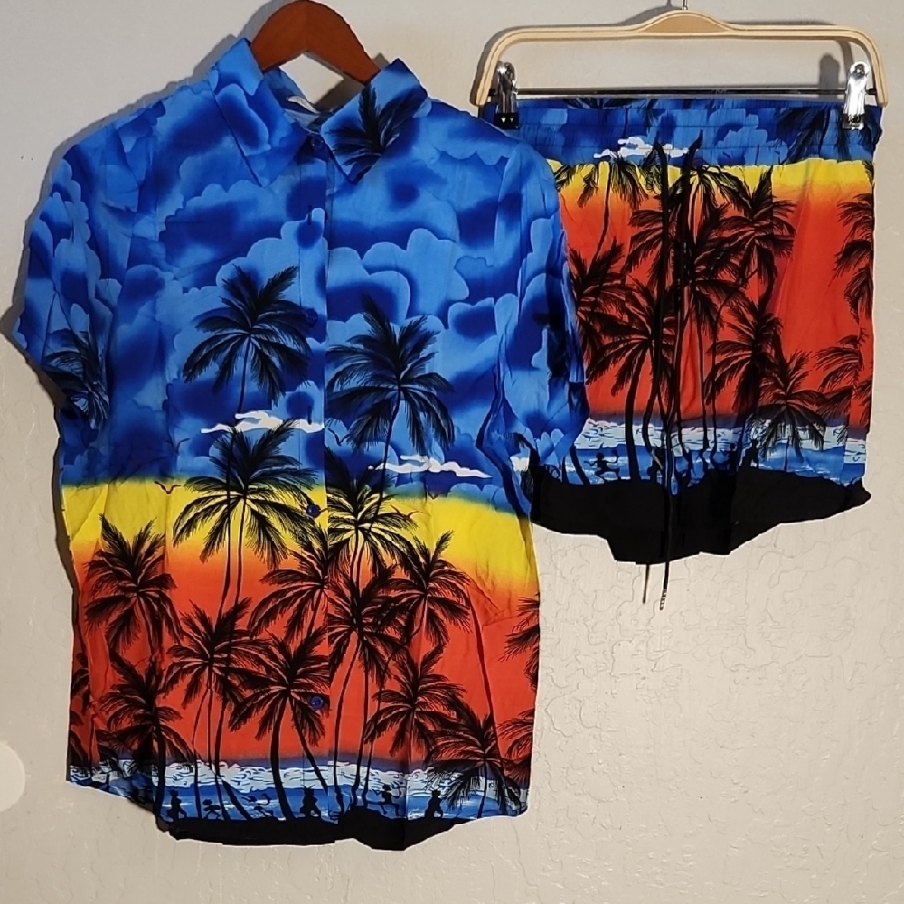 Tropical Palm Tree Button Shirt and Shorts w Pockets Set Medium - Picture 3 of 8